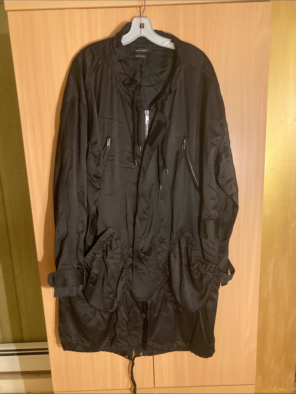 Marc Jacobs Black Long Windbreaker Coat with Hidden Hood